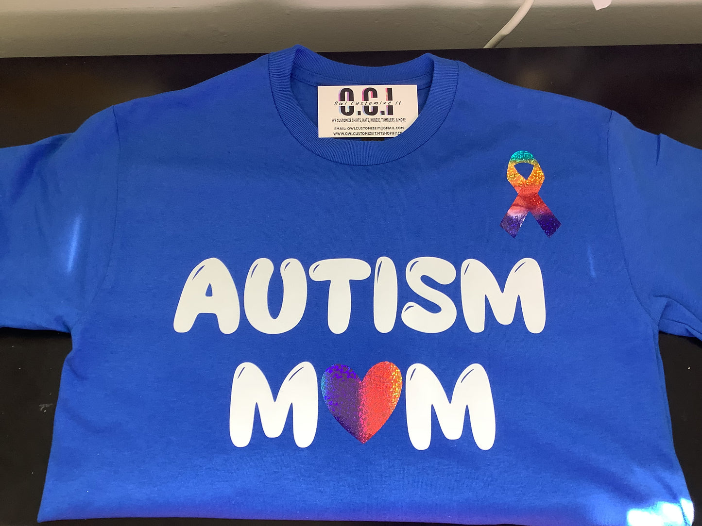 Autism Mom Awareness Ribbon Graphic T-Shirt Blue
