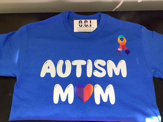Autism Mom Awareness Ribbon Graphic T-Shirt Blue